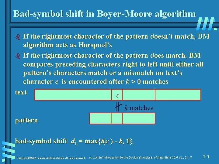 Bad-symbol shift in Boyer-Moore algorithm If the rightmost character of the pattern doesn’t match,