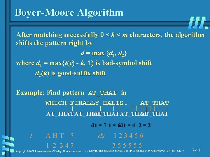 Boyer-Moore Algorithm After matching successfully 0 < k < m characters, the algorithm shifts