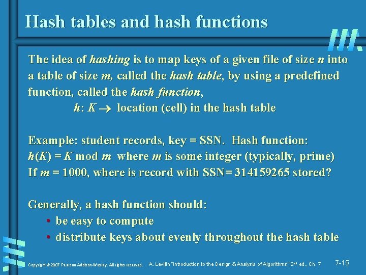 Hash tables and hash functions The idea of hashing is to map keys of