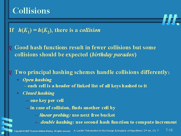 Collisions If h(K 1) = h(K 2), there is a collision b Good hash