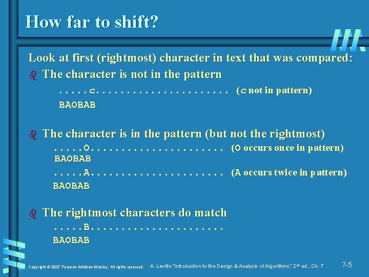 How far to shift? Look at first (rightmost) character in text that was compared: