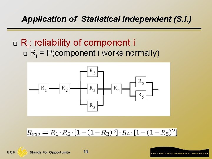 Application of Statistical Independent (S. I. ) q Ri: reliability of component i q