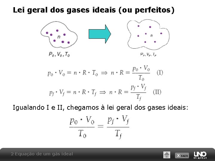 Lei geral dos gases ideais (ou perfeitos) Igualando I e II, chegamos à lei