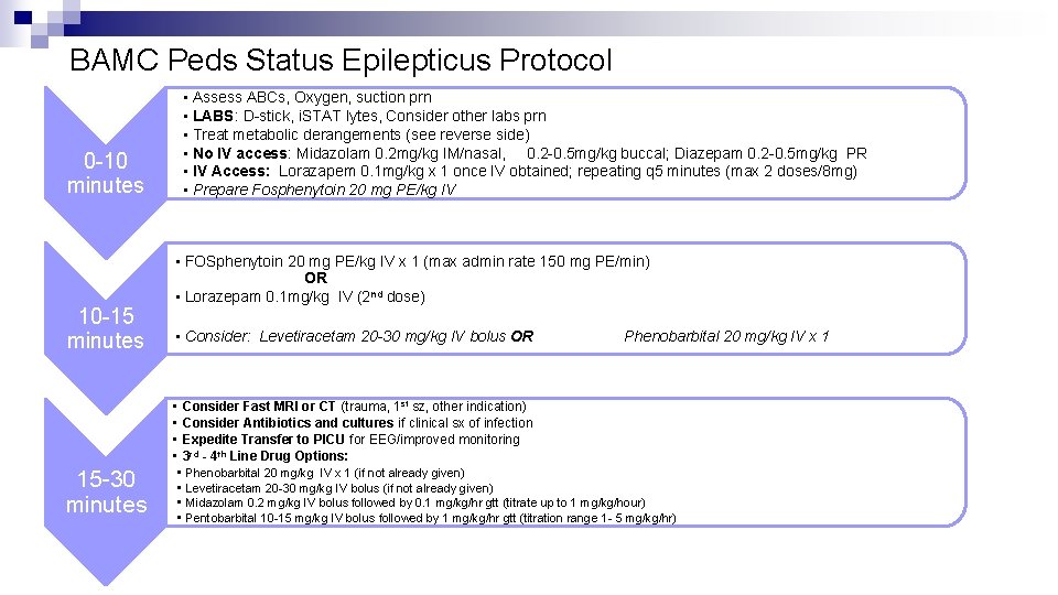 BAMC Peds Status Epilepticus Protocol • Assess ABCs, Oxygen, suction prn • LABS: D-stick,