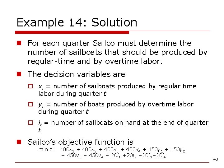Example 14: Solution n For each quarter Sailco must determine the number of sailboats