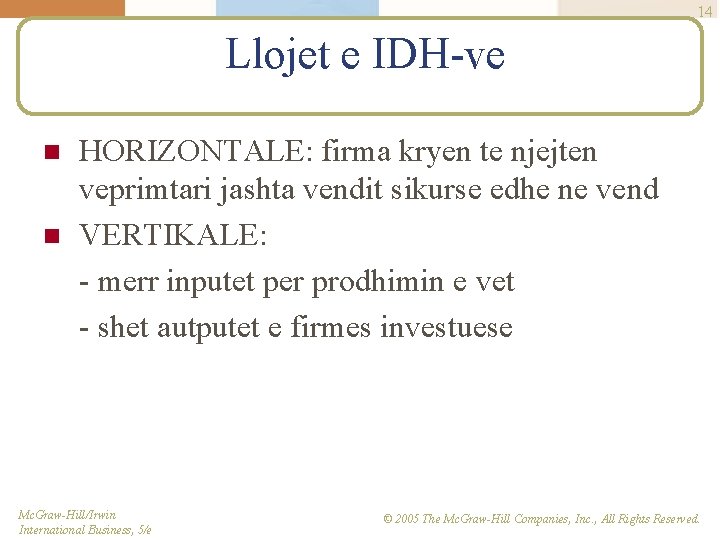 14 Llojet e IDH-ve n n HORIZONTALE: firma kryen te njejten veprimtari jashta vendit