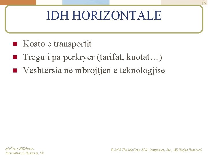 15 IDH HORIZONTALE n n n Kosto e transportit Tregu i pa perkryer (tarifat,