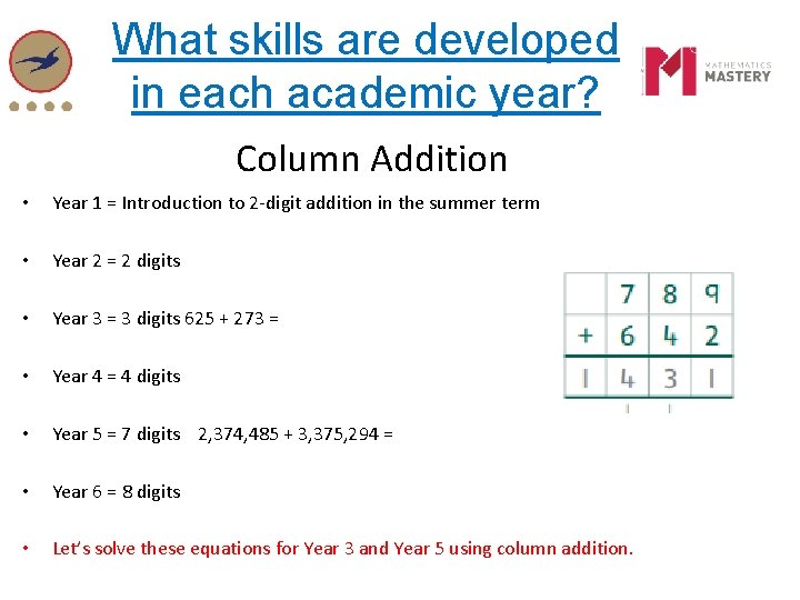 What skills are developed in each academic year? Column Addition • Year 1 = What skills are developed in each academic year? Column Addition • Year 1 =