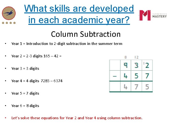 What skills are developed in each academic year? Column Subtraction • Year 1 = What skills are developed in each academic year? Column Subtraction • Year 1 =