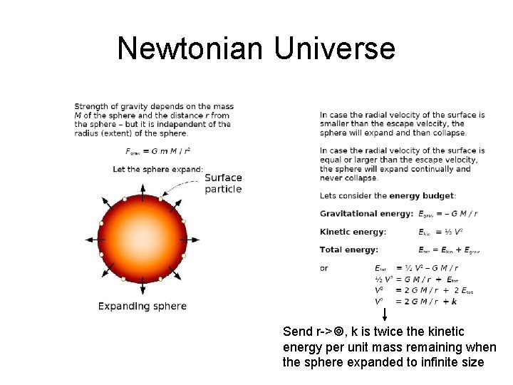 Newtonian Universe Send r-> , k is twice the kinetic energy per unit mass