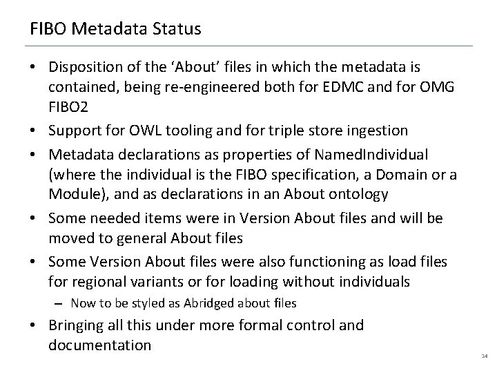 FIBO Metadata Status • Disposition of the ‘About’ files in which the metadata is