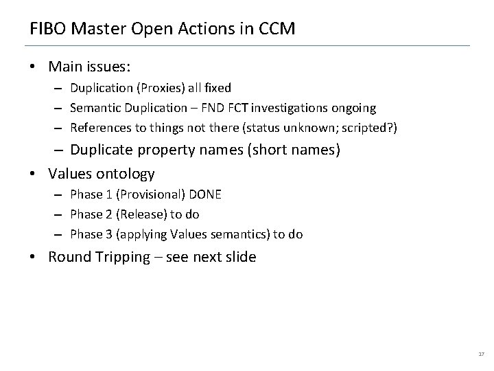 FIBO Master Open Actions in CCM • Main issues: – Duplication (Proxies) all fixed