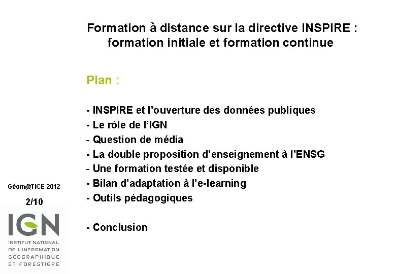 Formation à distance sur la directive INSPIRE : formation initiale et formation continue Plan