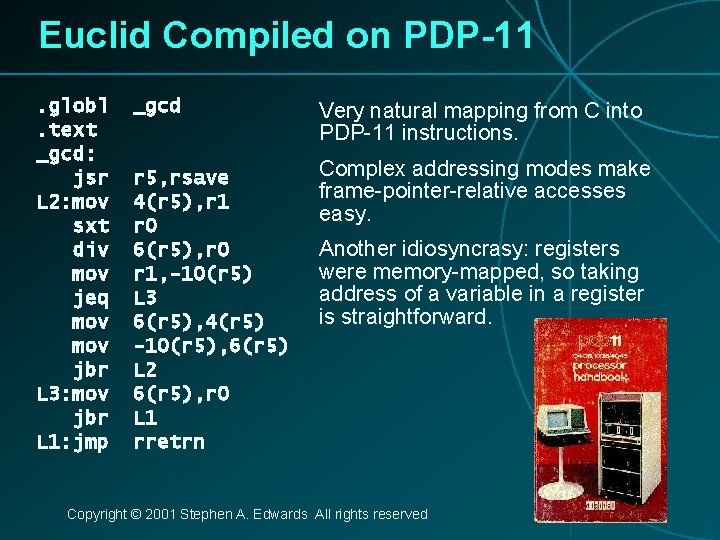 Euclid Compiled on PDP-11. globl. text _gcd: jsr L 2: mov sxt div mov