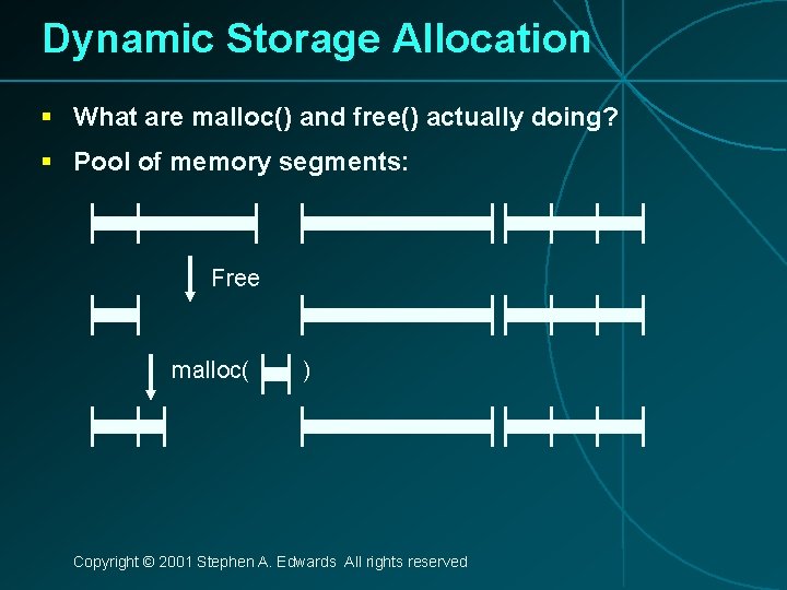 Dynamic Storage Allocation § What are malloc() and free() actually doing? § Pool of