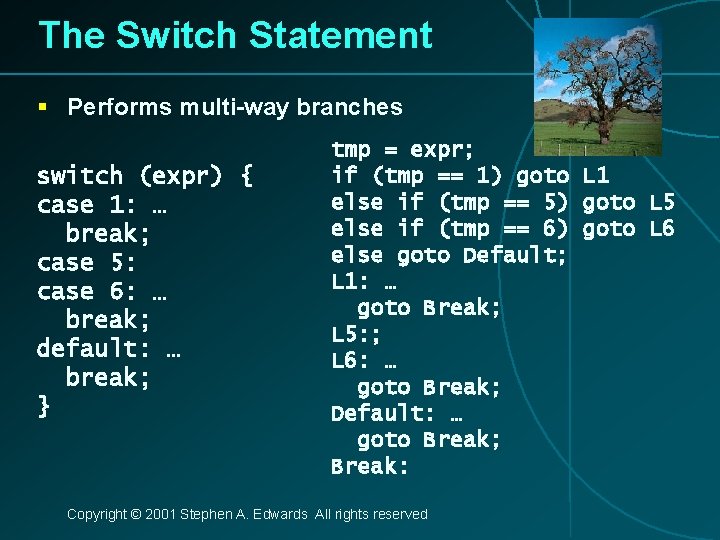 The Switch Statement § Performs multi-way branches switch (expr) { case 1: … break;