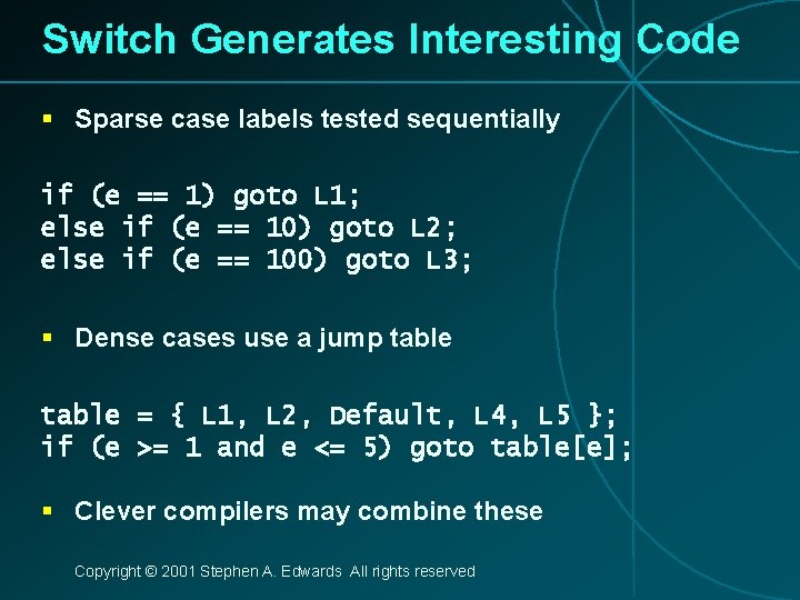 Switch Generates Interesting Code § Sparse case labels tested sequentially if (e == 1)