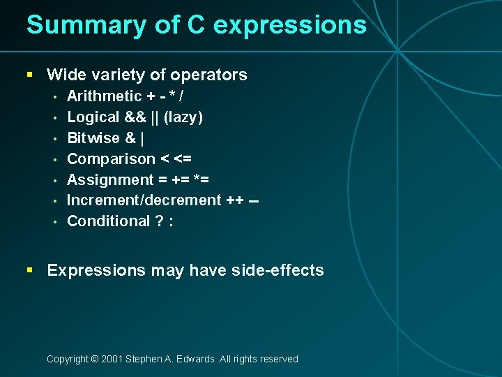 Summary of C expressions § Wide variety of operators • • Arithmetic + -