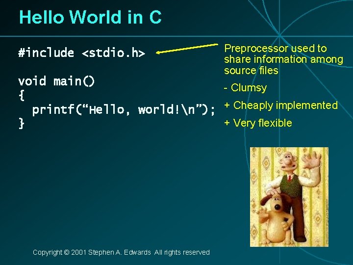 Hello World in C #include <stdio. h> Preprocessor used to share information among source