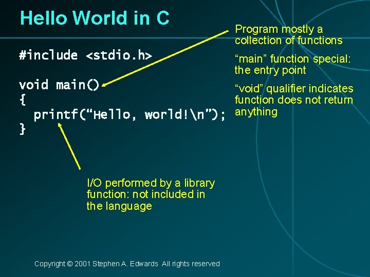 Hello World in C #include <stdio. h> Program mostly a collection of functions “main”