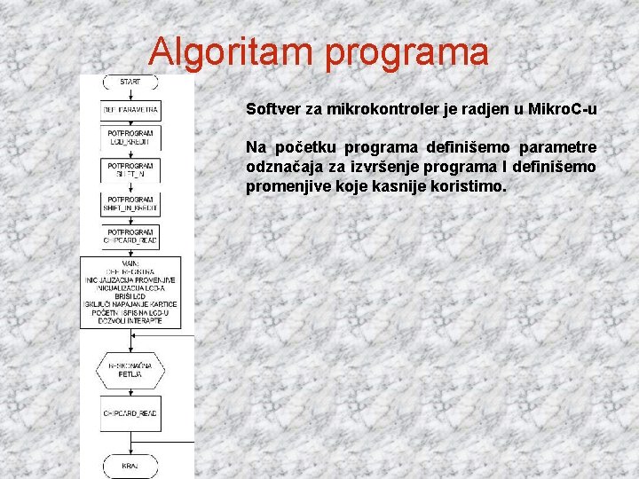 Algoritam programa Softver za mikrokontroler je radjen u Mikro. C-u Na početku programa definišemo