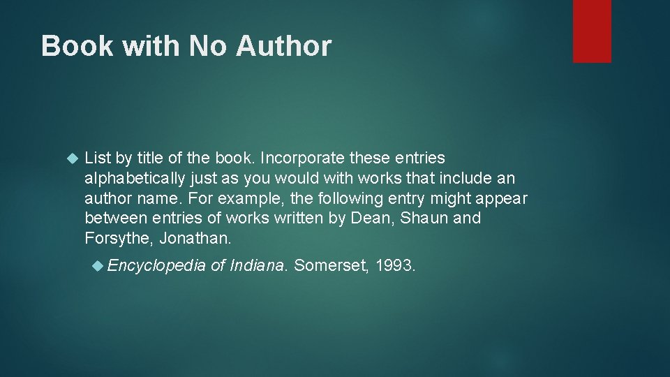 Book with No Author List by title of the book. Incorporate these entries alphabetically