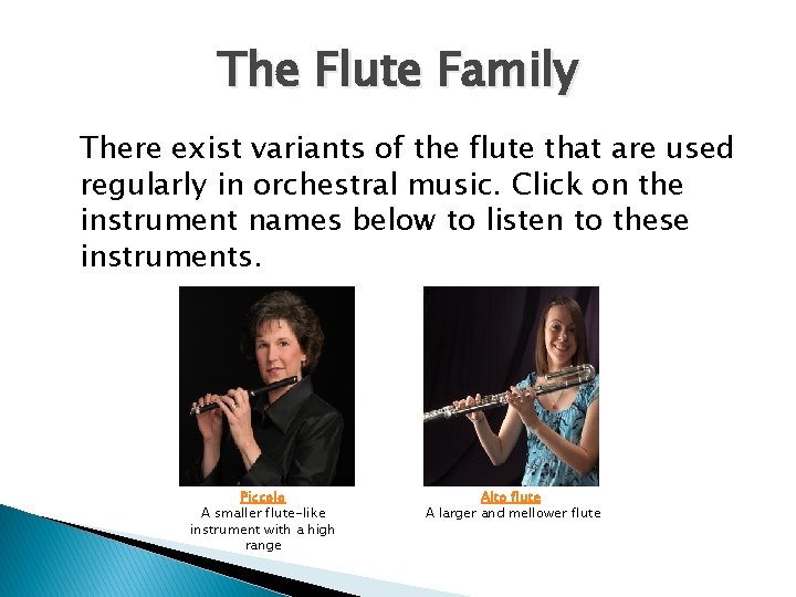 The Flute Family There exist variants of the flute that are used regularly in