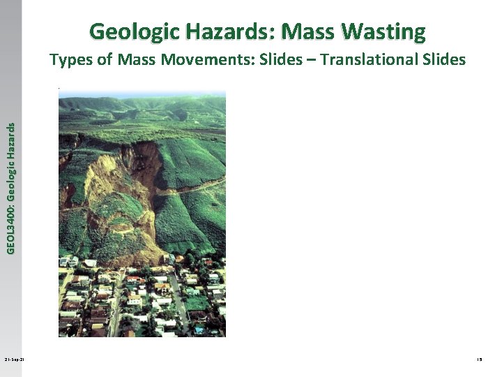 Geologic Hazards: Mass Wasting GEOL 3400: Geologic Hazards Types of Mass Movements: Slides –