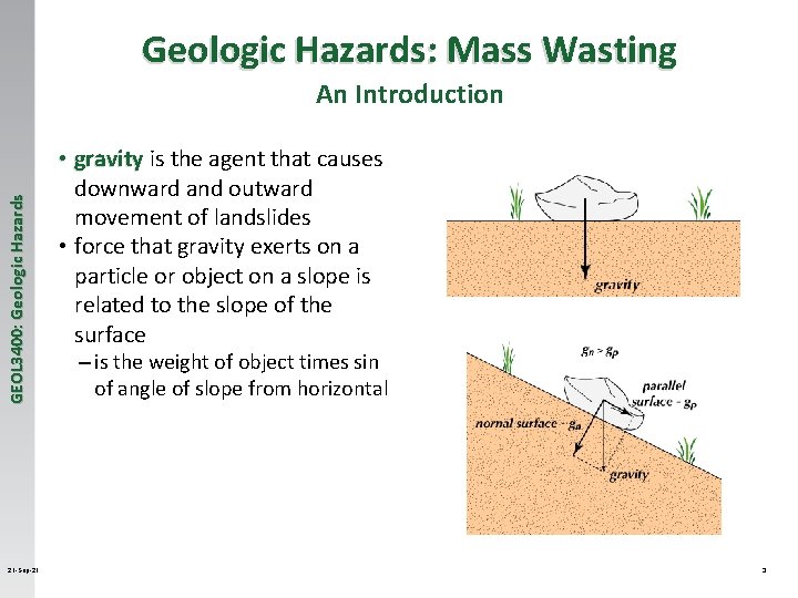 Geologic Hazards: Mass Wasting GEOL 3400: Geologic Hazards An Introduction 21 -Sep-21 • gravity