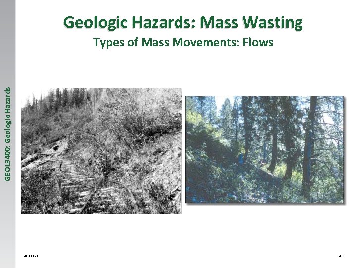 Geologic Hazards: Mass Wasting GEOL 3400: Geologic Hazards Types of Mass Movements: Flows 21