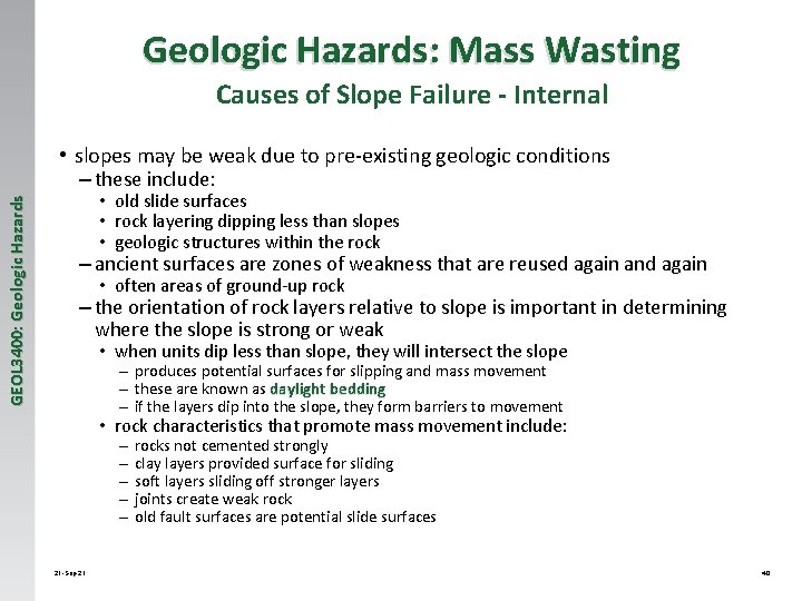 Geologic Hazards: Mass Wasting Causes of Slope Failure - Internal GEOL 3400: Geologic Hazards
