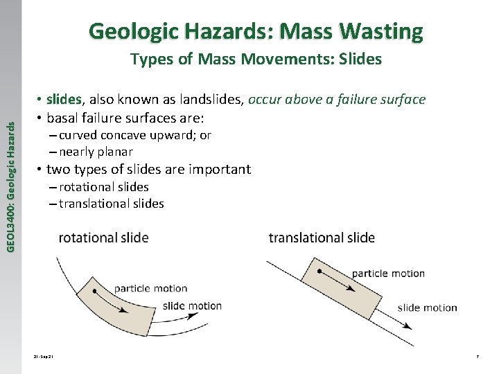 Geologic Hazards: Mass Wasting GEOL 3400: Geologic Hazards Types of Mass Movements: Slides slides,