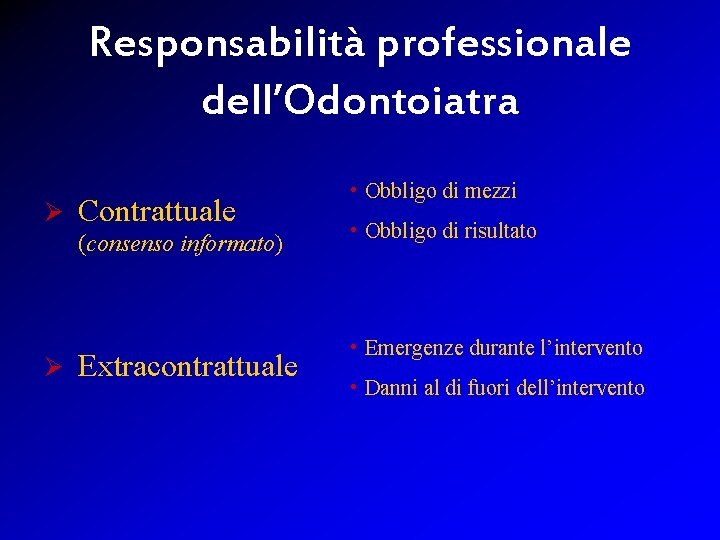 Responsabilità professionale dell’Odontoiatra Ø Contrattuale (consenso informato) Ø Extracontrattuale • Obbligo di mezzi •