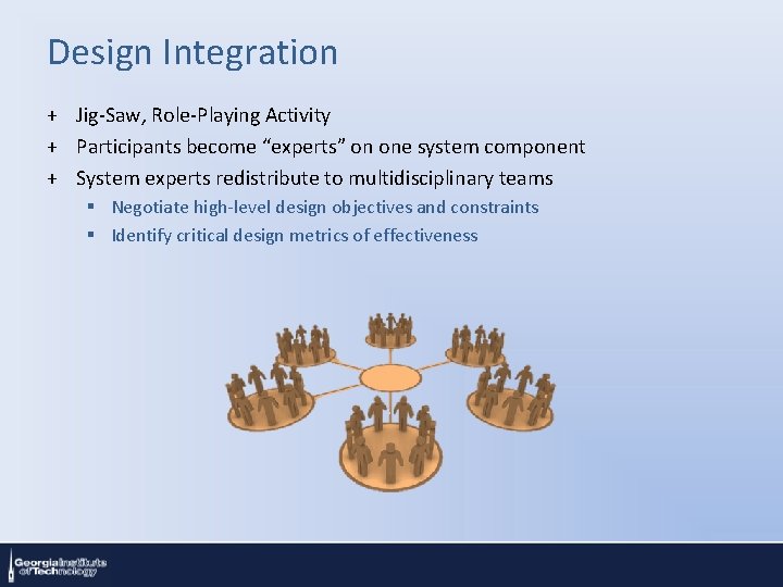 Design Integration + Jig-Saw, Role-Playing Activity + Participants become “experts” on one system component