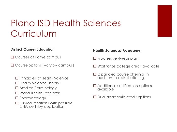 Plano ISD Health Sciences Curriculum District Career Education Health Sciences Academy � Courses at