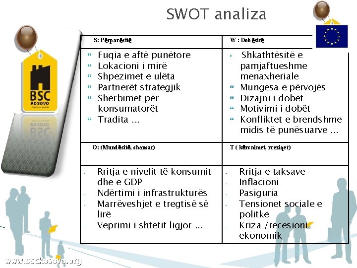 SWOT analiza S: Përparësitë W : Dobësitë Fuqia e aftë punëtore Lokacioni i mirë