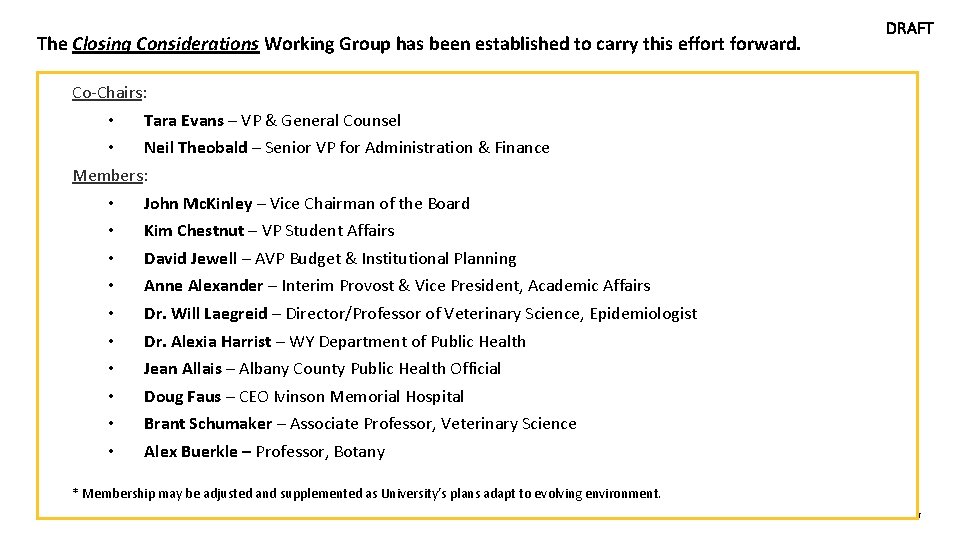 The Closing Considerations Working Group has been established to carry this effort forward. DRAFT