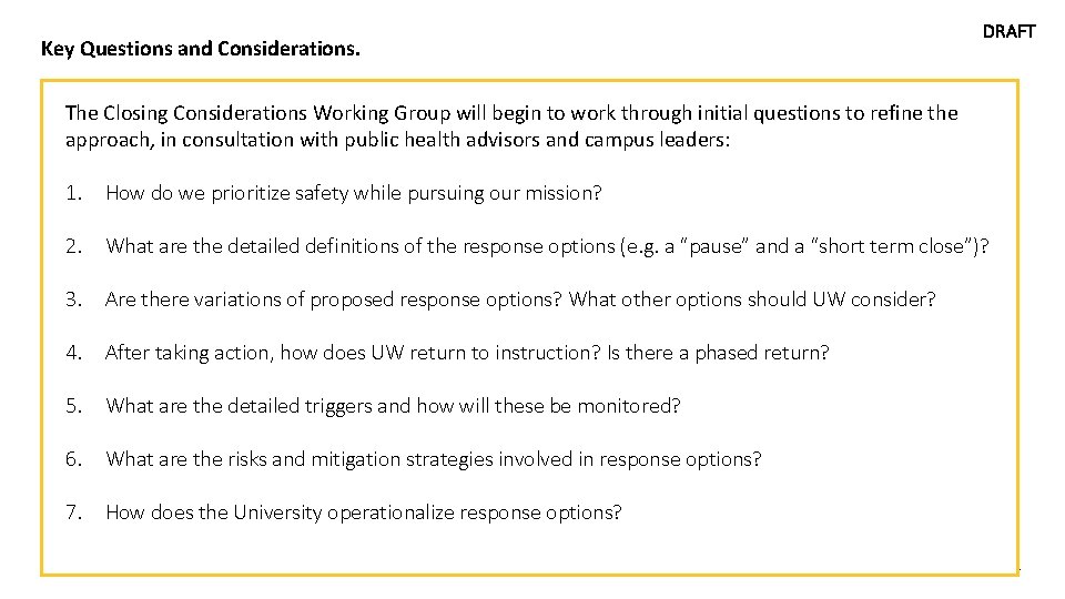 Key Questions and Considerations. DRAFT The Closing Considerations Working Group will begin to work