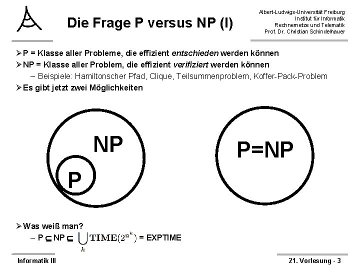 Die Frage P versus NP (I) Albert-Ludwigs-Universität Freiburg Institut für Informatik Rechnernetze und Telematik