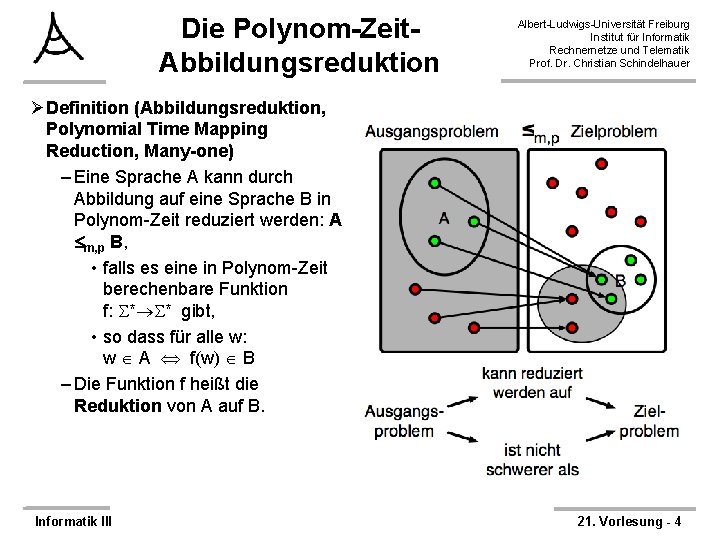 Die Polynom-Zeit. Abbildungsreduktion Albert-Ludwigs-Universität Freiburg Institut für Informatik Rechnernetze und Telematik Prof. Dr. Christian
