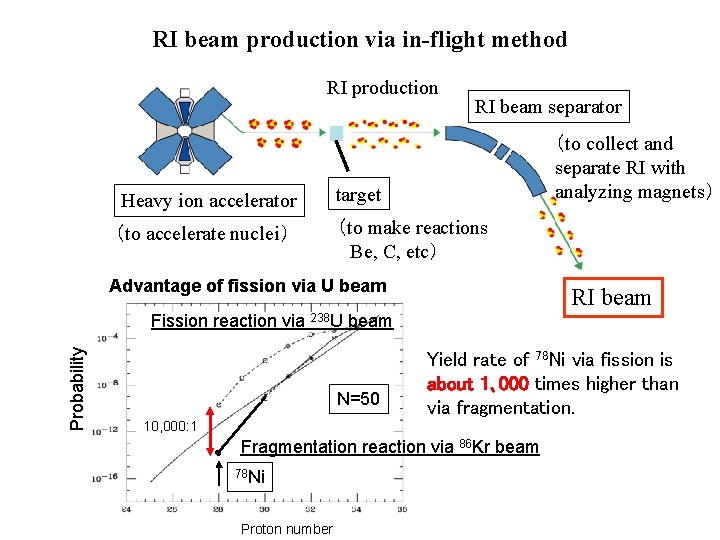 RI beam production via in-flight method RI production RI beam separator （to collect and