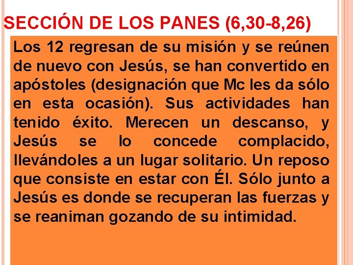 SECCIÓN DE LOS PANES (6, 30 -8, 26) Los 12 regresan de su misión