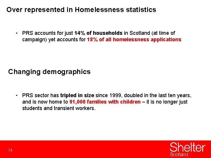 Over represented in Homelessness statistics • PRS accounts for just 14% of households in
