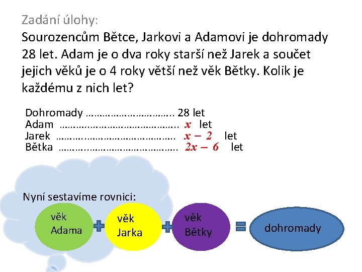 Zadání úlohy: Sourozencům Bětce, Jarkovi a Adamovi je dohromady 28 let. Adam je o