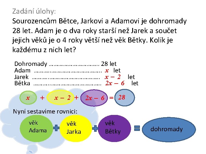 Zadání úlohy: Sourozencům Bětce, Jarkovi a Adamovi je dohromady 28 let. Adam je o