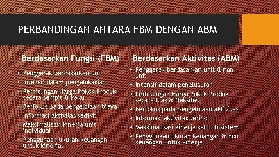 PERBANDINGAN ANTARA FBM DENGAN ABM Berdasarkan Fungsi (FBM) • Penggerak berdasarkan unit • Intensif