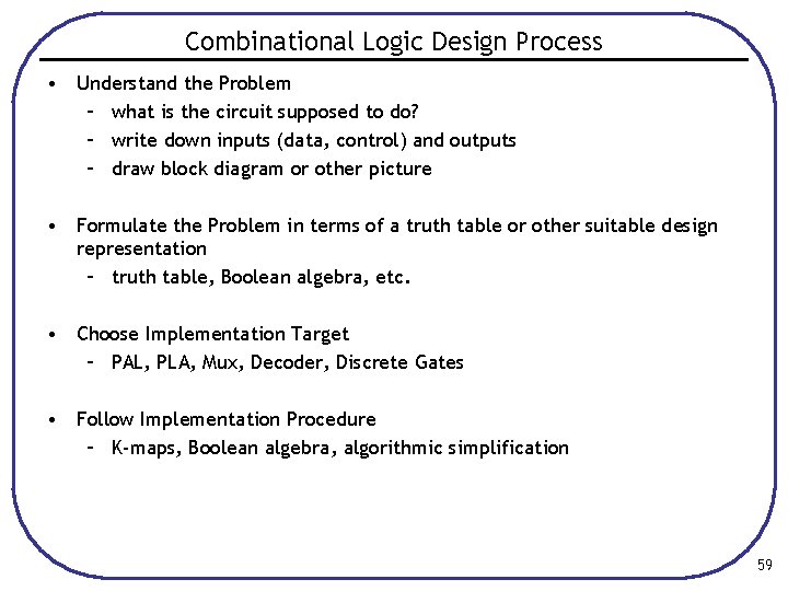 Combinational Logic Design Process • Understand the Problem – what is the circuit supposed