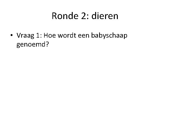 Ronde 2: dieren • Vraag 1: Hoe wordt een babyschaap genoemd? 