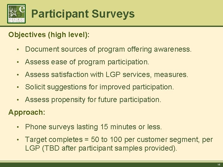 Participant Surveys Objectives (high level): • Document sources of program offering awareness. • Assess