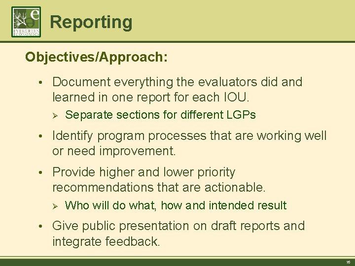 Reporting Objectives/Approach: • Document everything the evaluators did and learned in one report for
